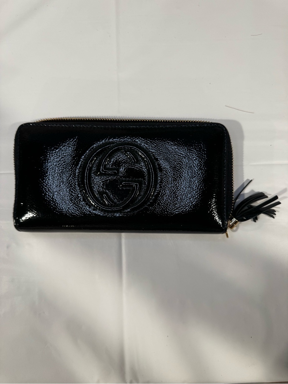 Gucci Long Black Patent Leather Zip Wallet with Tassel